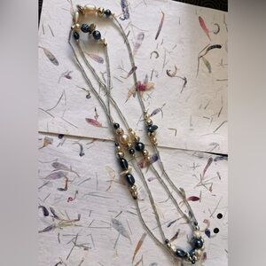 Vintage Multi Strand Glass Bugle Bead Necklace Black Gold Faux Pearl
